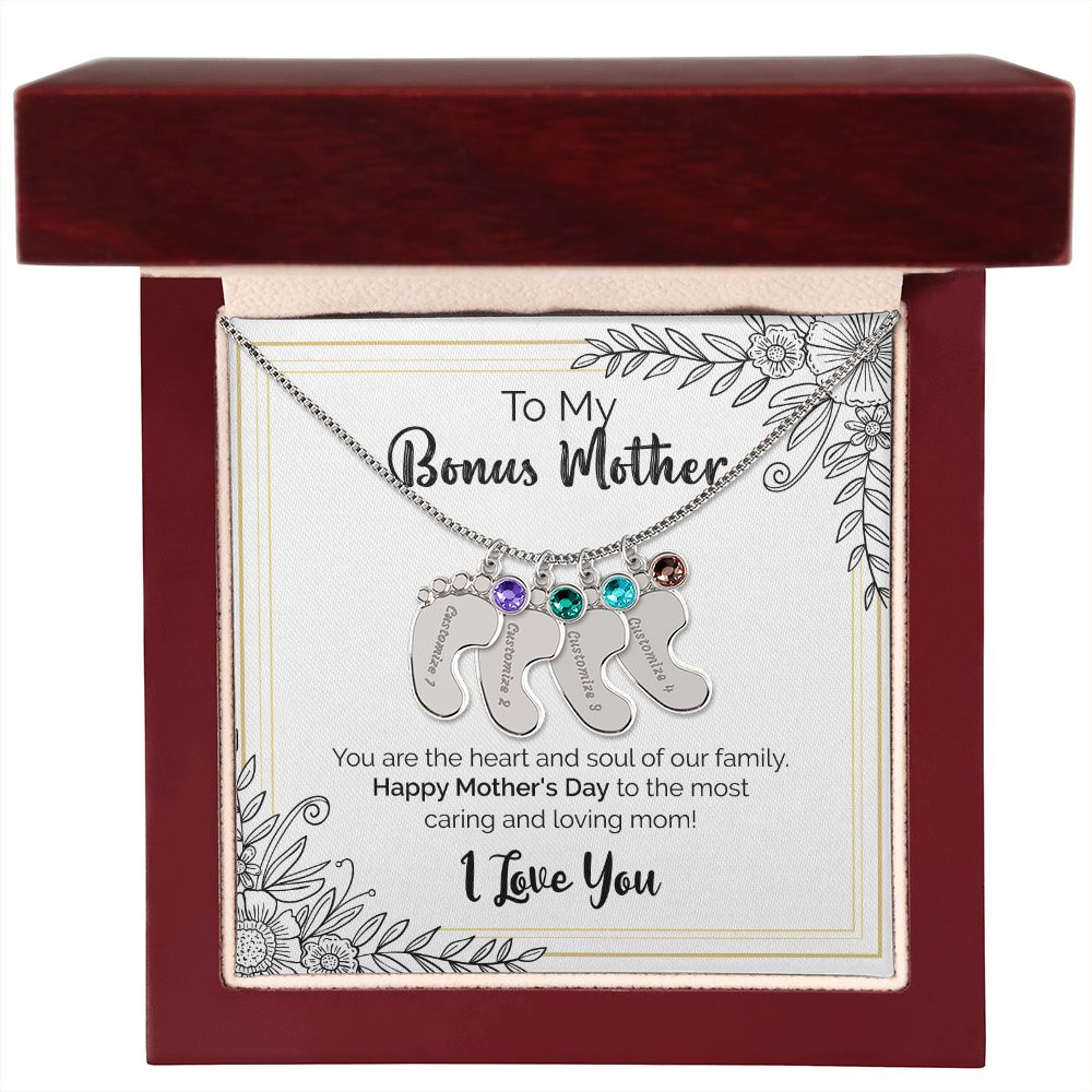 To My Bonus Mother | Happy Mother's Day | Custom Baby Feet Necklace with Birthstone