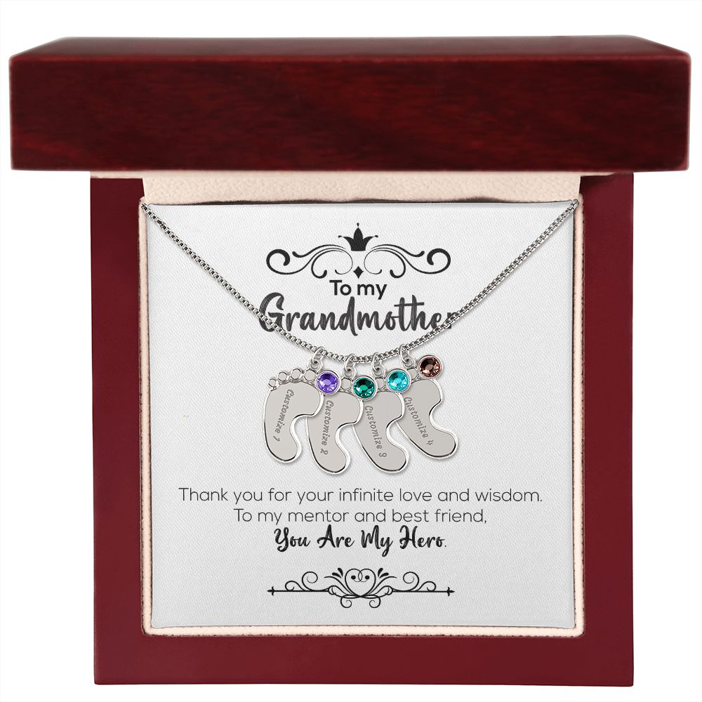 To My Grandmother | You Are My Hero | Custom Baby Feet Necklace with Birthstone