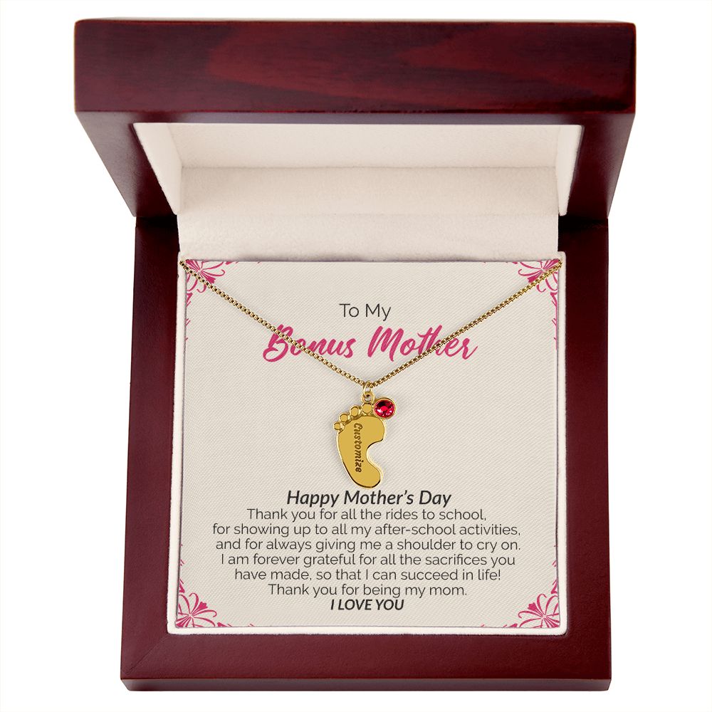 To My Bonus Mother | Happy Mother's Day I Love You | Custom Baby Feet Necklace with Birthstone