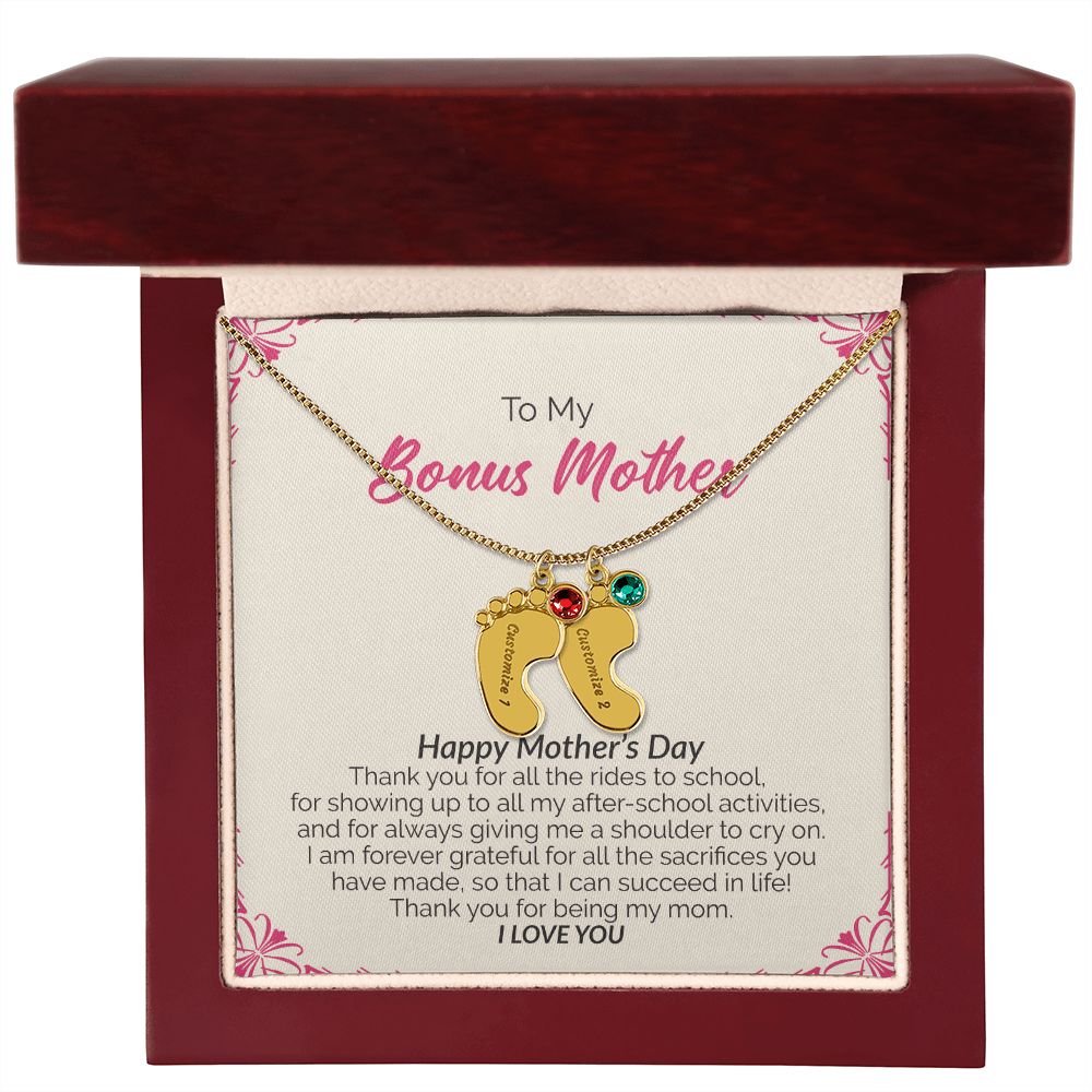 To My Bonus Mother | Happy Mother's Day I Love You | Custom Baby Feet Necklace with Birthstone