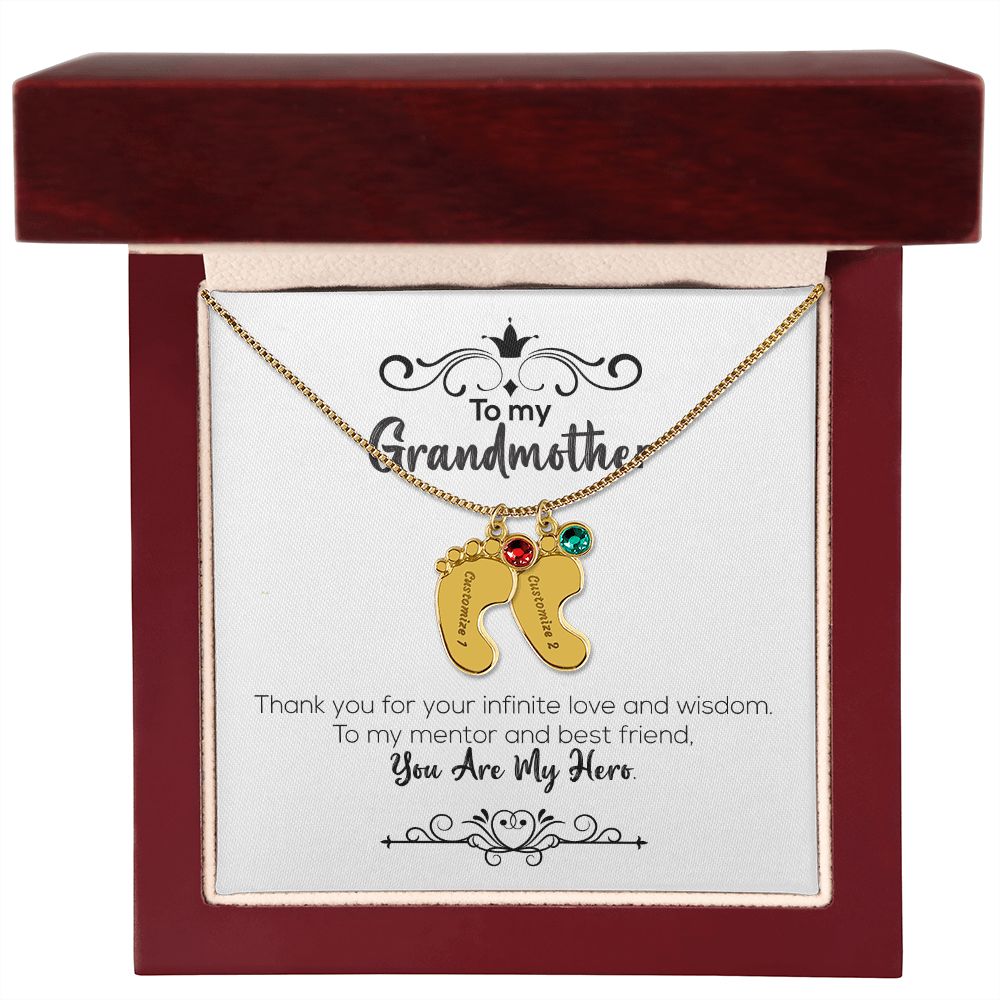 To My Grandmother | You Are My Hero | Custom Baby Feet Necklace with Birthstone