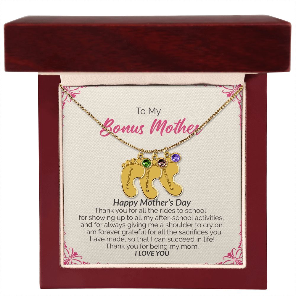 To My Bonus Mother | Happy Mother's Day I Love You | Custom Baby Feet Necklace with Birthstone