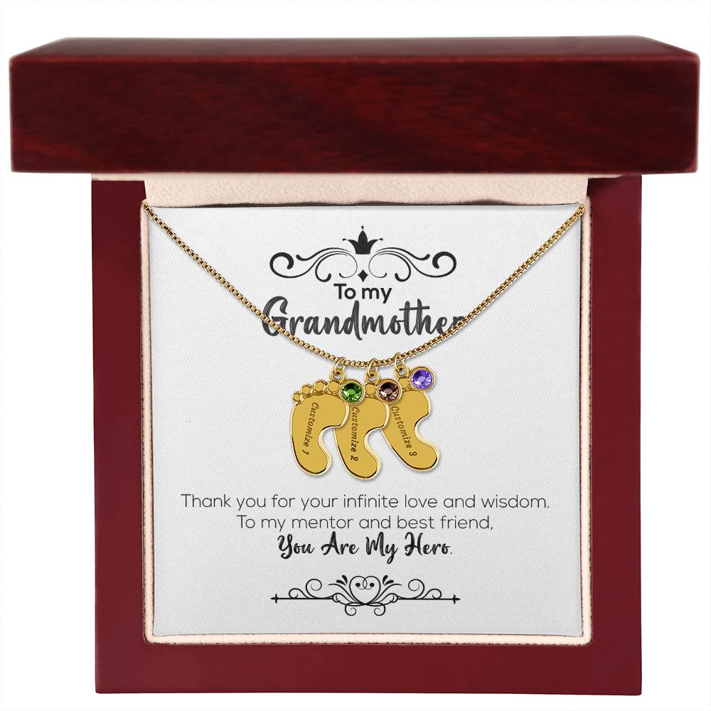 To My Grandmother | You Are My Hero | Custom Baby Feet Necklace with Birthstone
