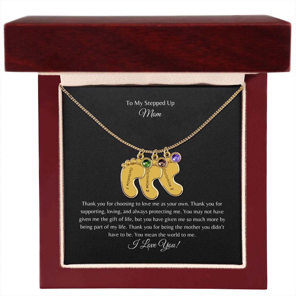 To My Stepped Up Mom | I Love You | Custom Baby Feet Necklace with Birthstone