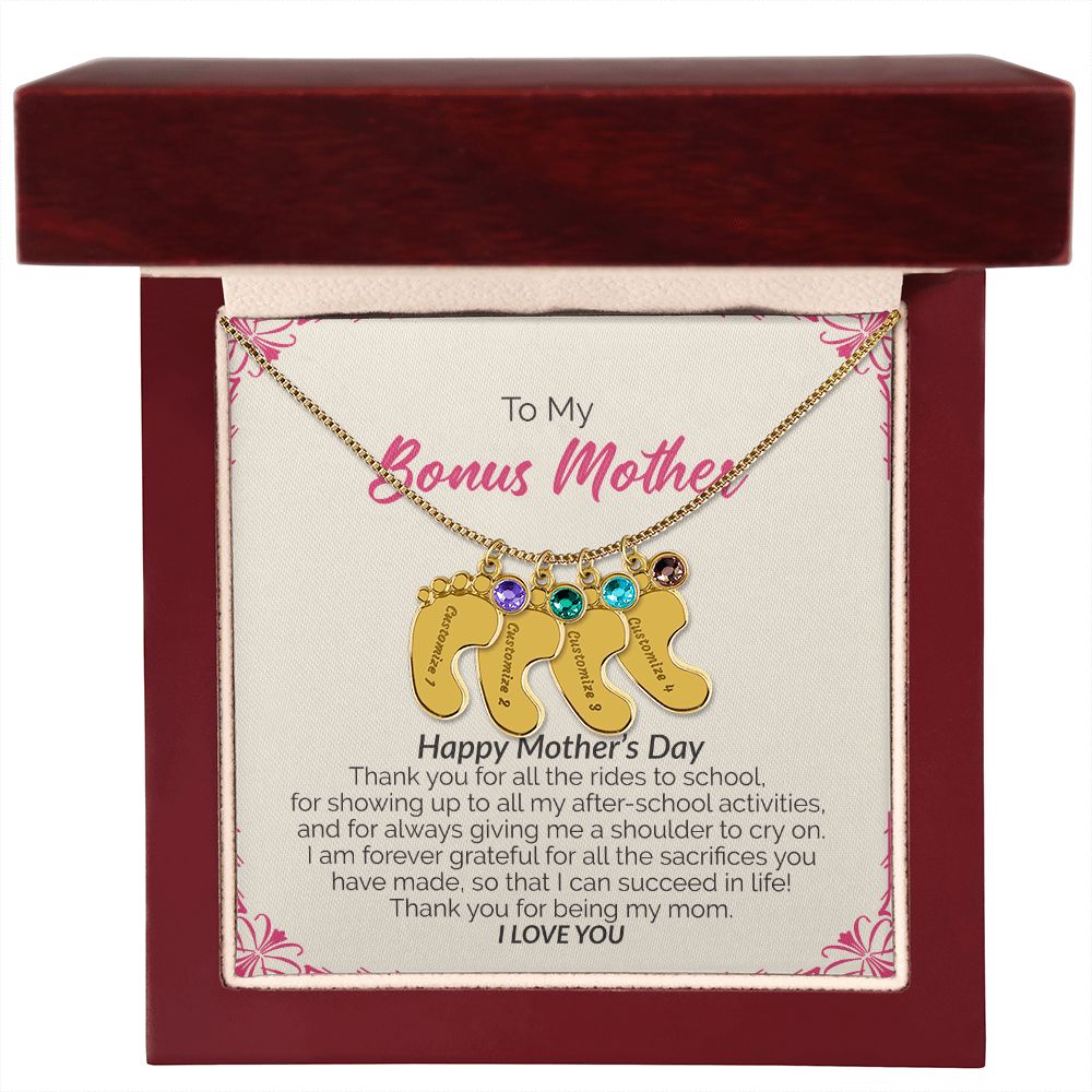 To My Bonus Mother | Happy Mother's Day I Love You | Custom Baby Feet Necklace with Birthstone