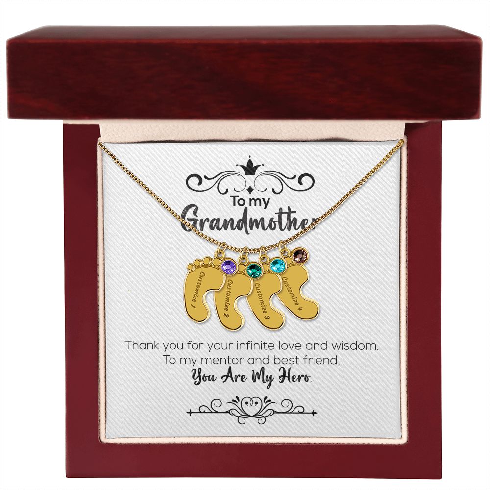 To My Grandmother | You Are My Hero | Custom Baby Feet Necklace with Birthstone