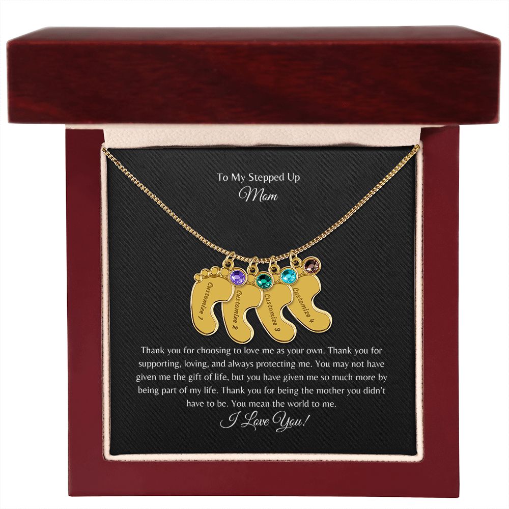 To My Stepped Up Mom | I Love You | Custom Baby Feet Necklace with Birthstone